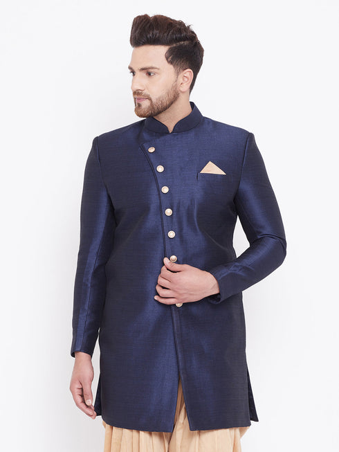 Vastramay Men's Navy Blue Silk Blend Sherwani Only Top